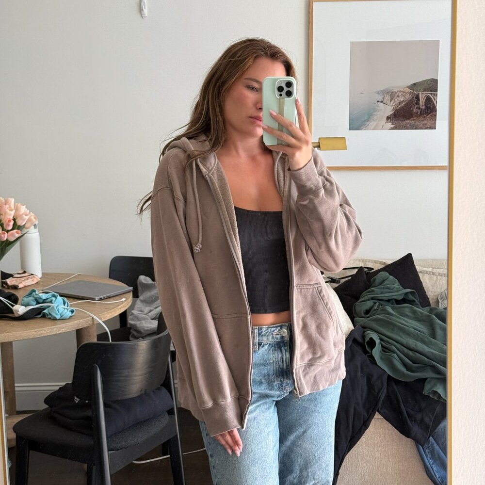 CozyAF Fleece Boyfriend Zip Hoodie – Taupe, Size L